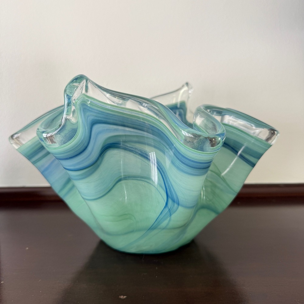 Murano Art Glass Handkerchief Bowl Blue Green Swirl Made in Italy Tag Sticker